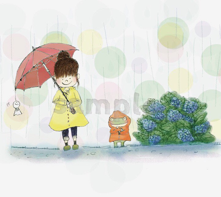 傘を持つ女の子とカエル